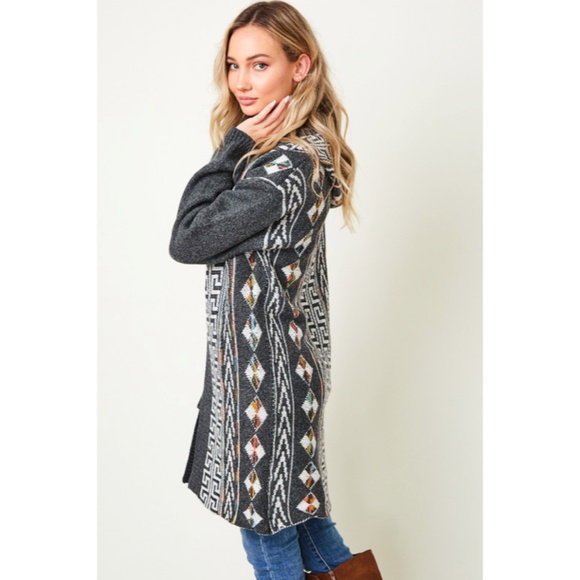 SOLD OUT Gray Native Cowichan Aztec Hooded Cardigan Sweater - Picture 7 of 9